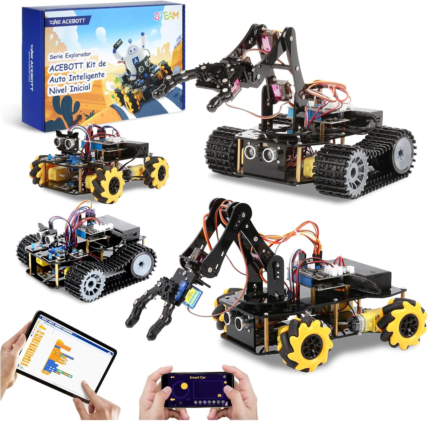 Robotics for Kids Ages 12-16, ACEBOTT 4 in 1 Smart Robot Arm with 5DOF + Tank Car, STEM Toys Coding Kit Compatible with Arduino & Scratch, App & Remote Control, for Kids & Teens Robotics for Kids Ages 12-16, ACEBOTT 4 in 1 Smart Robot Arm with 5DOF + Tank Car, STEM Toys Coding Kit Compatible with Arduino & Scratch, App & Remote Control, for Kids & Teens